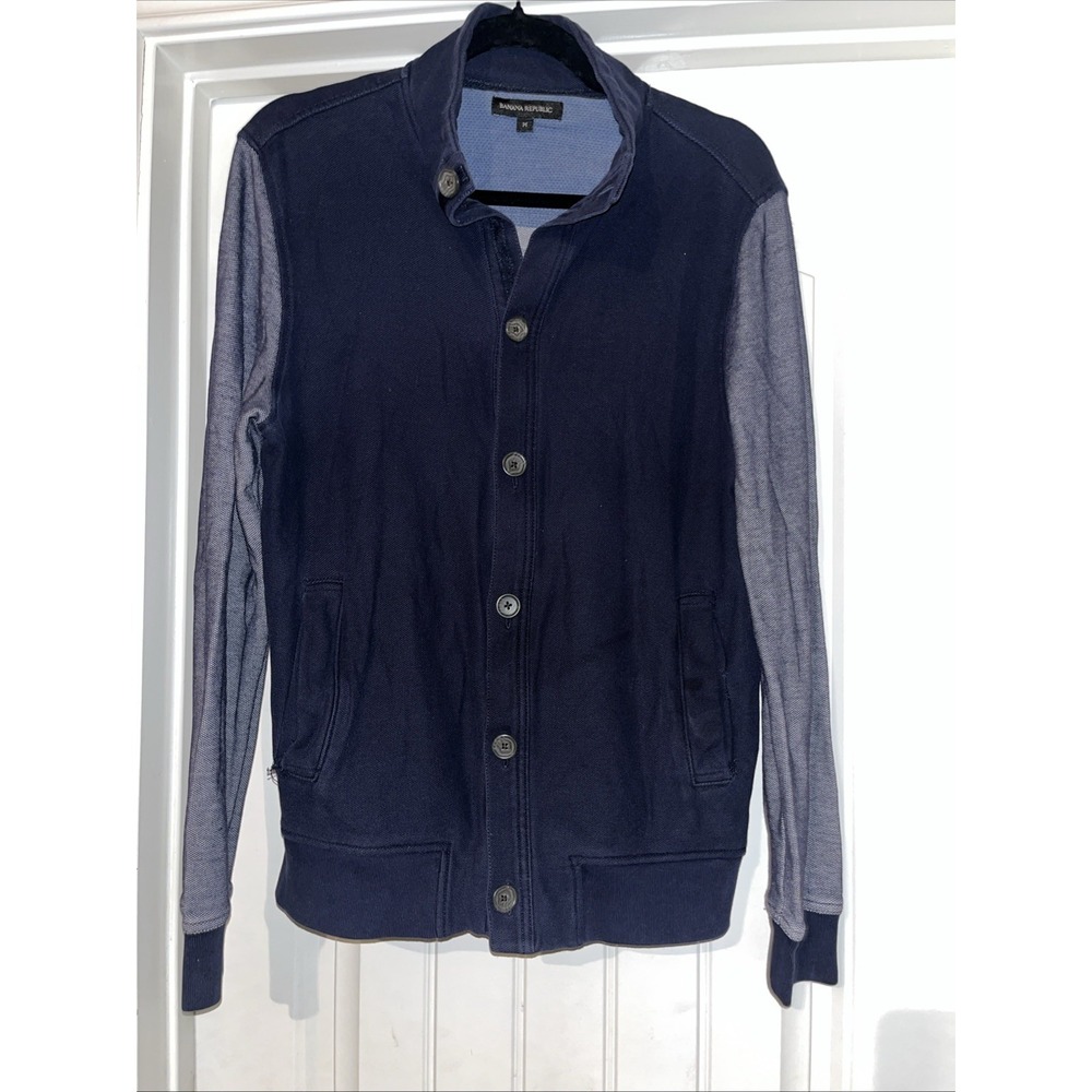 Banana Republic Men's M Cardigan Mock Collar Preppy Navy Knit/Cotton Lightweight
